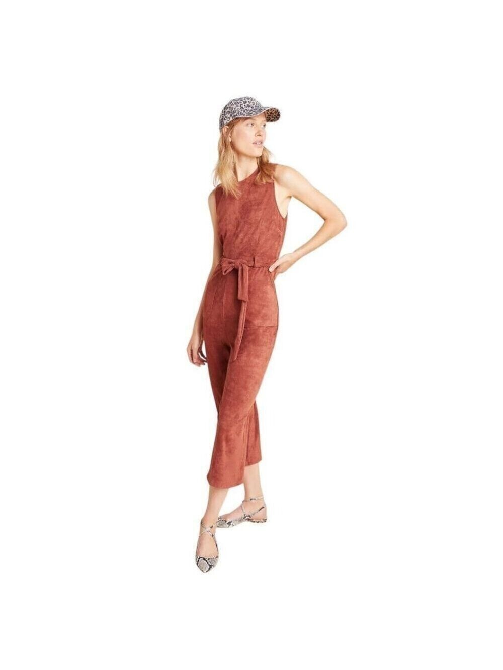 Anthropologie Faux Suede Tie Waist Cropped Jumpsuit Sz M